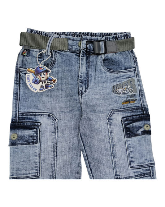 Boys Sky Blue Straight Fit Denim Cargos