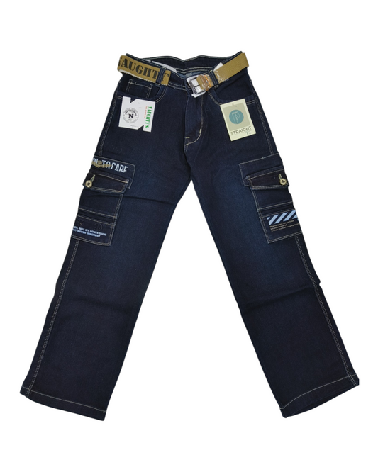 Dark Blue Denim Straight Fit Cargo Pants
