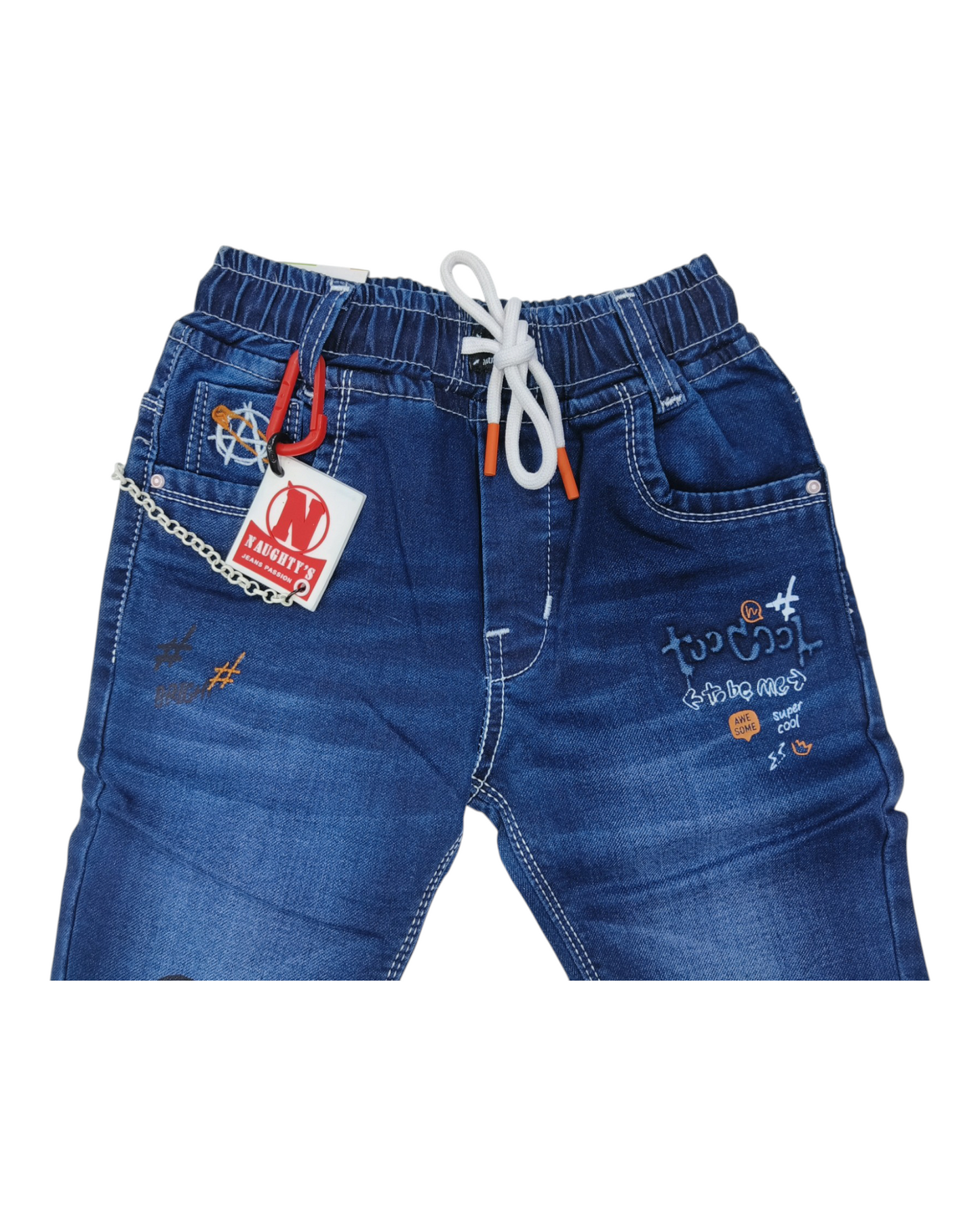 Blue Sticker Print Denim Pants
