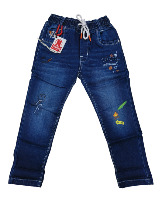 Blue Sticker Print Denim Pants