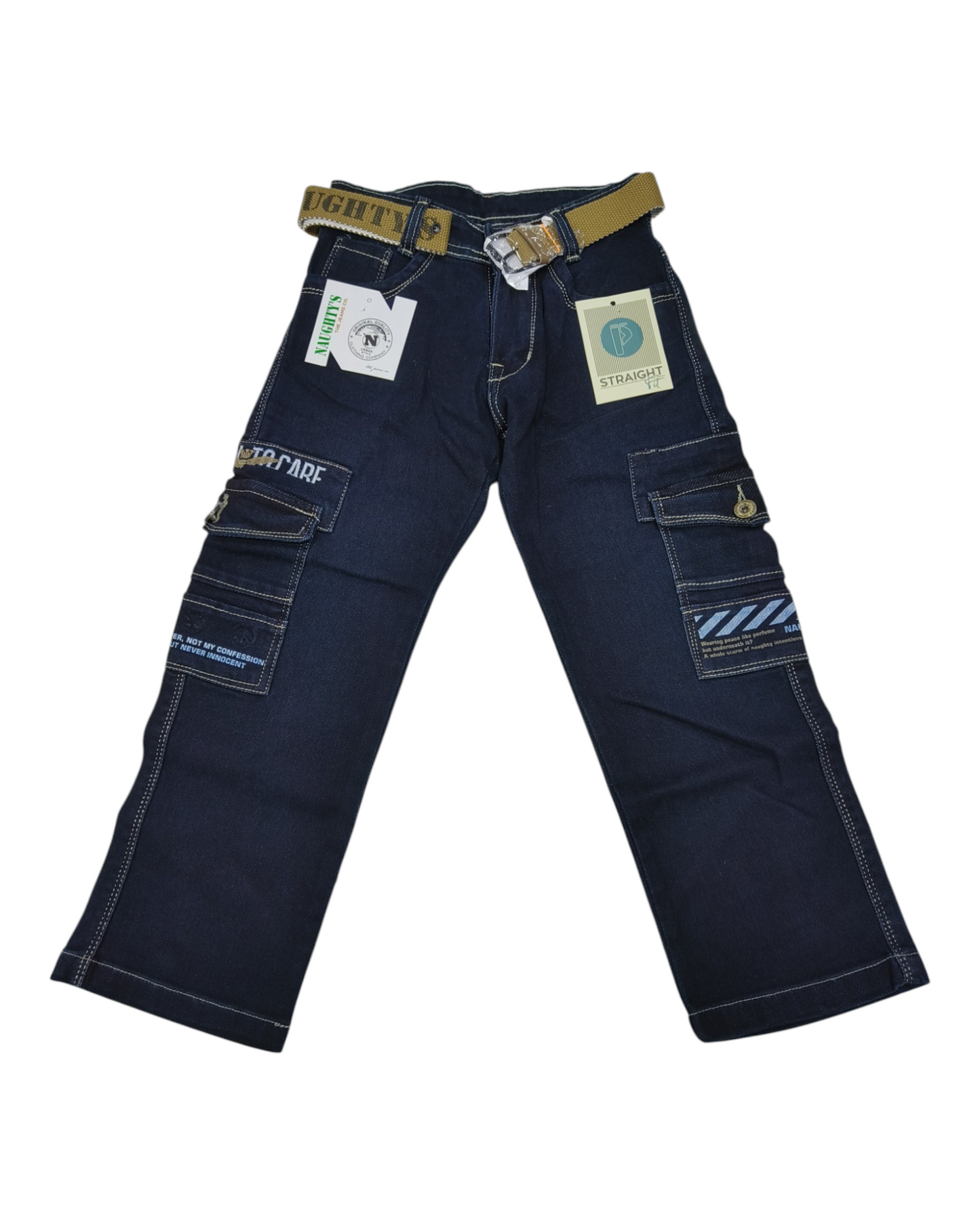 Blue Straight Fit Denim Cargo Pants