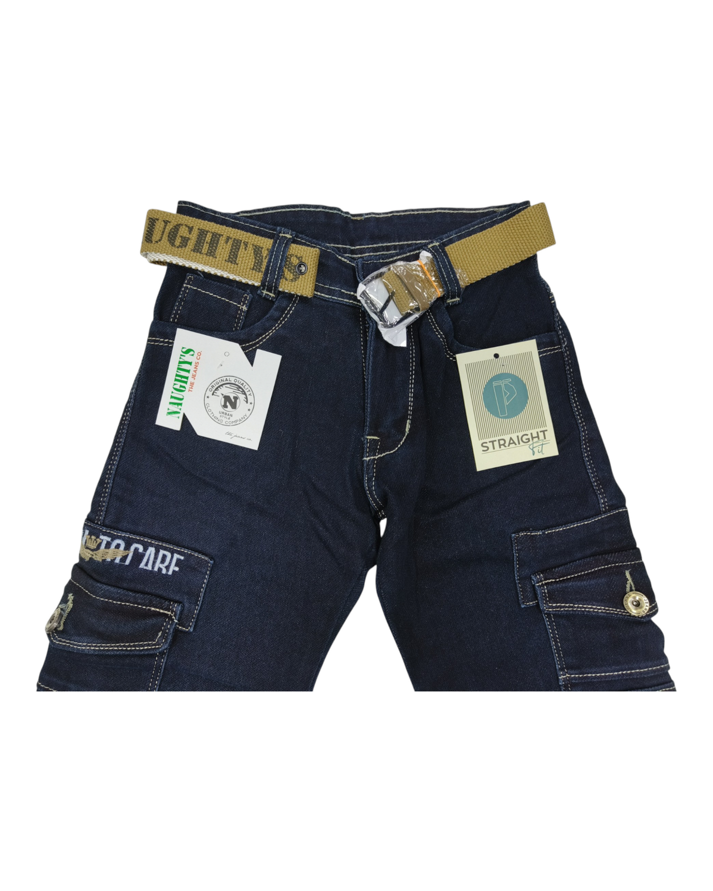 Blue Straight Fit Denim Cargo Pants