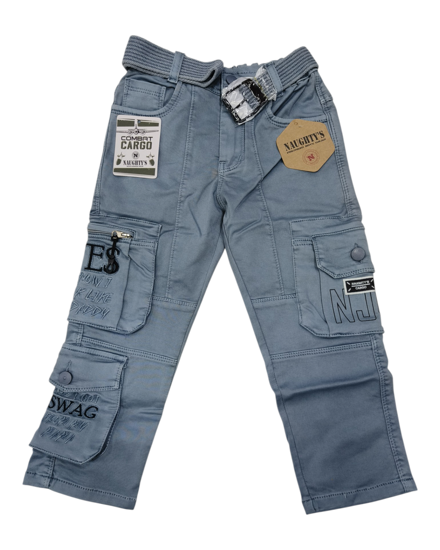 Sky Blue Straight Fit Denim Cargo Pants