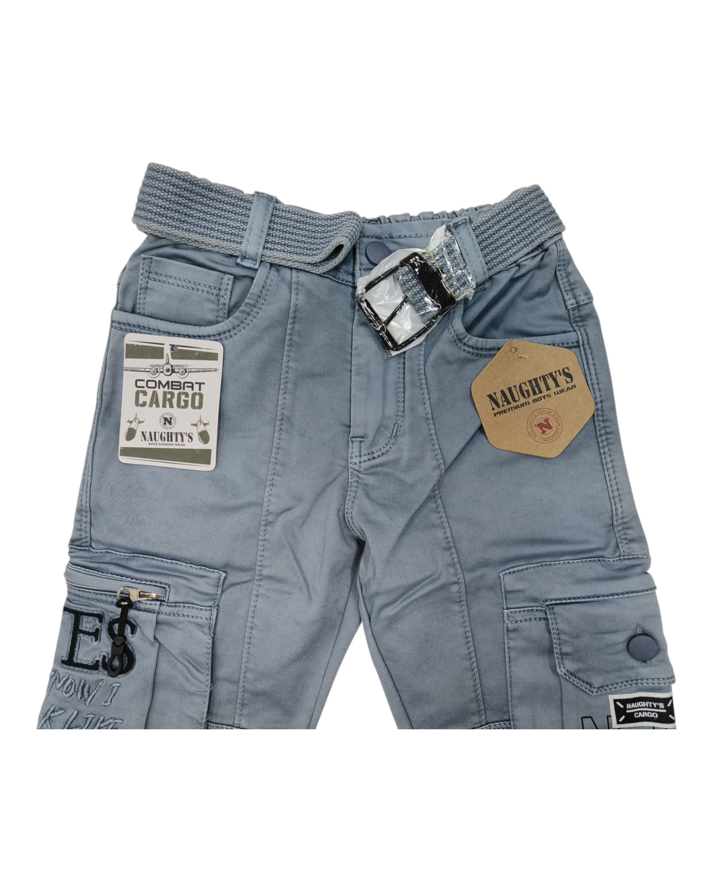 Sky Blue Straight Fit Denim Cargo Pants