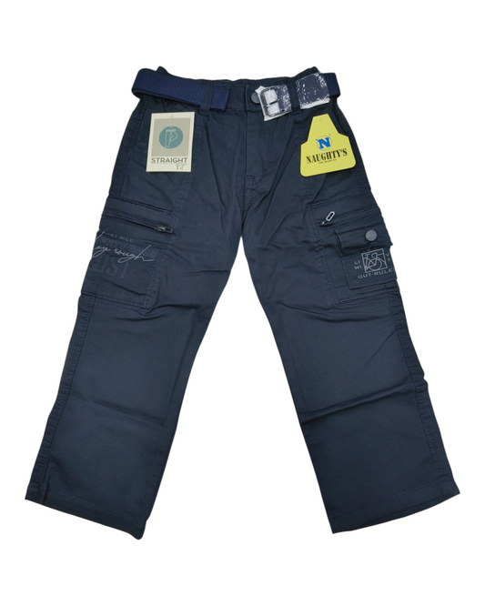 Blue Straight Fit Cotton Cargo Pants