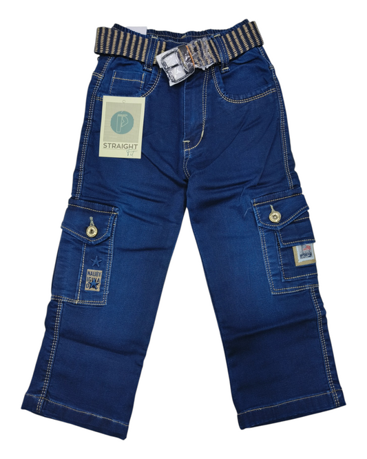 Blue Straight Fit Denim Cargo Pants